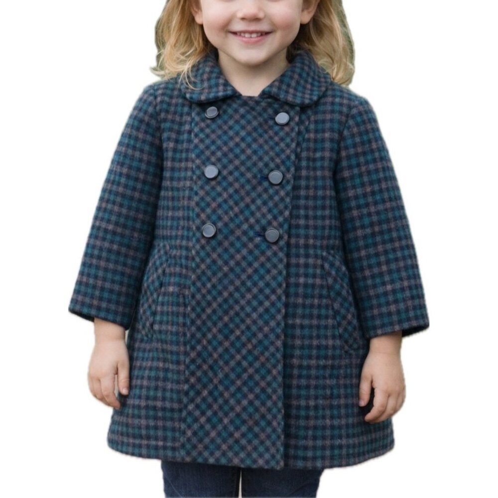 SANYO Tokyo Girl Wool Plaid Coat Size 4 Green Double Breasted Japan